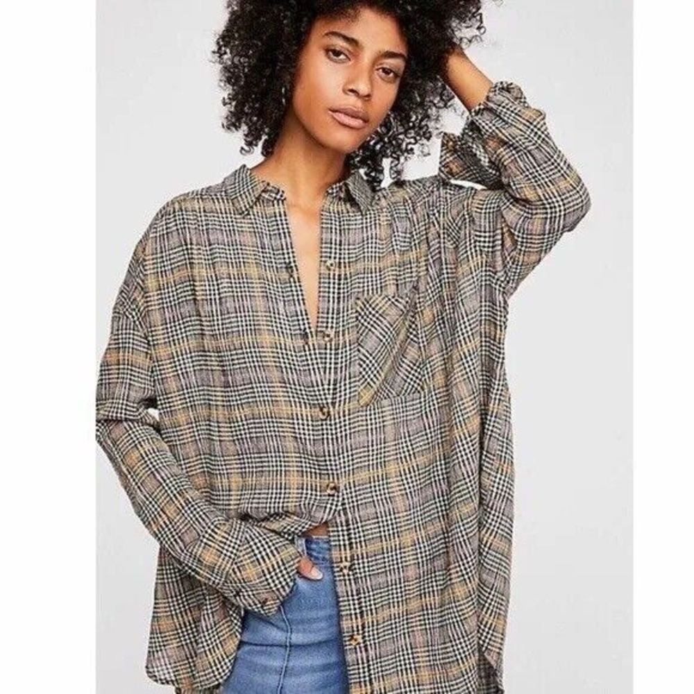 Free People Break My Stride Size M Oversized Plaid Metallic Thread Button Down